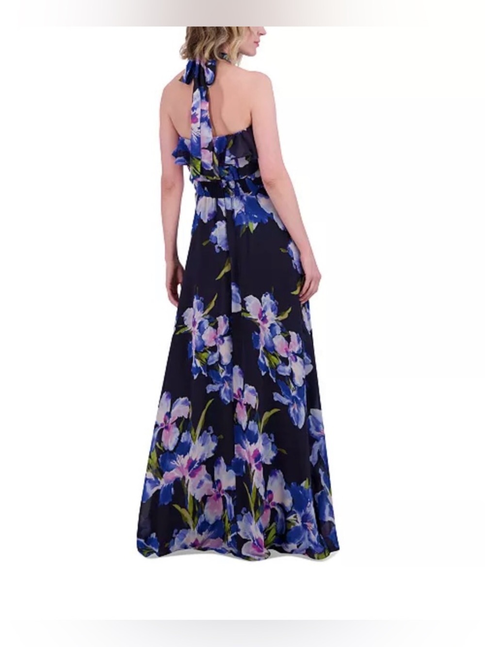 Eliza J Floral Chiffon Halter Maxi Dress Ruffle Neck Navy Multi Size 4 - Picture 3 of 13